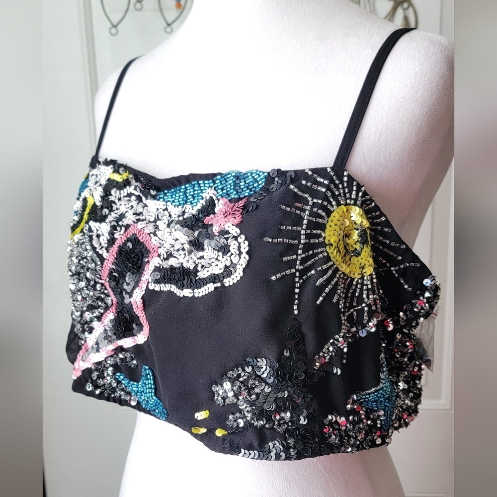 Nasty Gal Black Sequin Crop Top with Multicolor Motifs - Picture 2 of 11